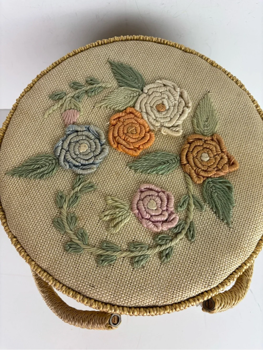 Vintage Sewing Basket-Round w/ Embroidered Floral Lid-Granny Chic